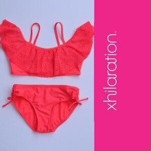 Xhilaration | Neon Coral Lace Ruffle Bikini Swimsuit Set | Size Medium (7/8)